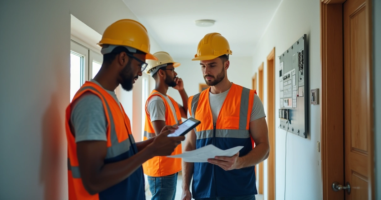 Equipe de assistência técnica construtora avaliando manutenção em edifício 