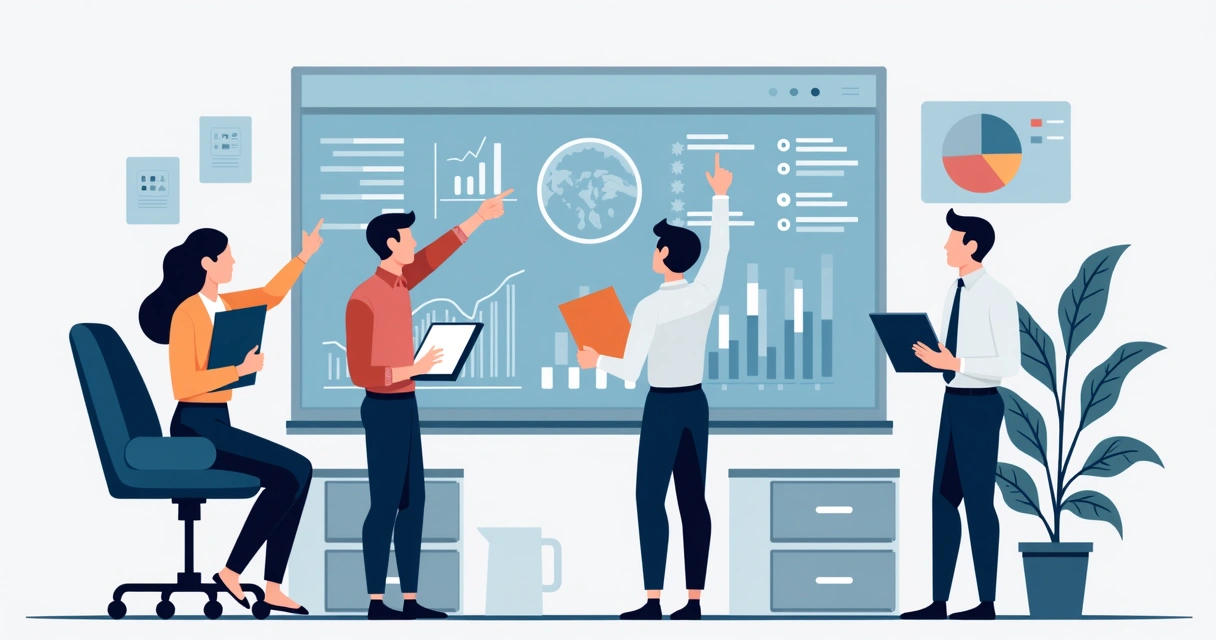 Equipe de assistência analisando dados em painel digital