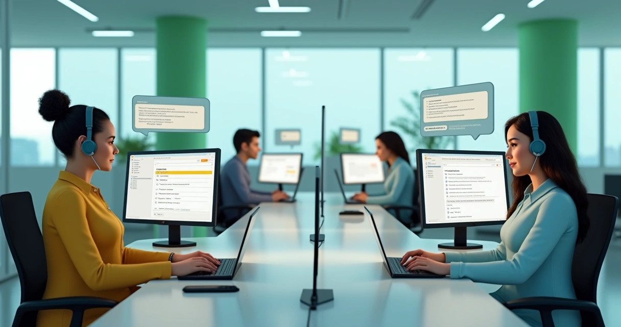 Equipe de assistentes digitais em tela de computador, aparentando aprendizado em treinamento