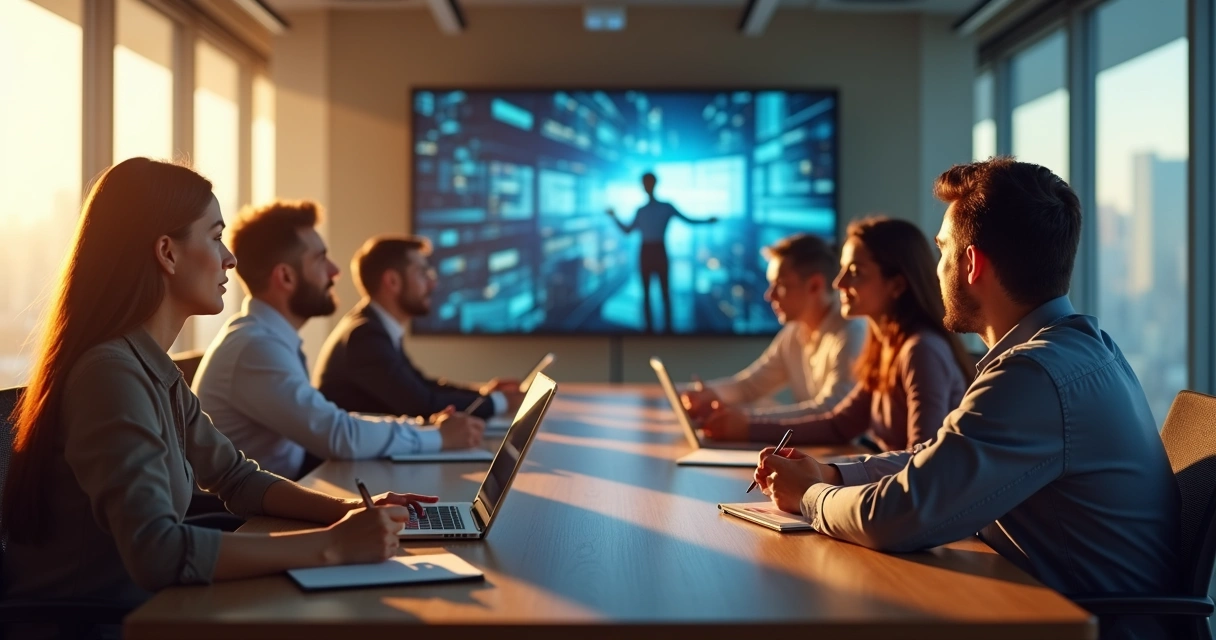 Equipe de escritório assistindo um vídeo corporativo em uma sala de reunião 