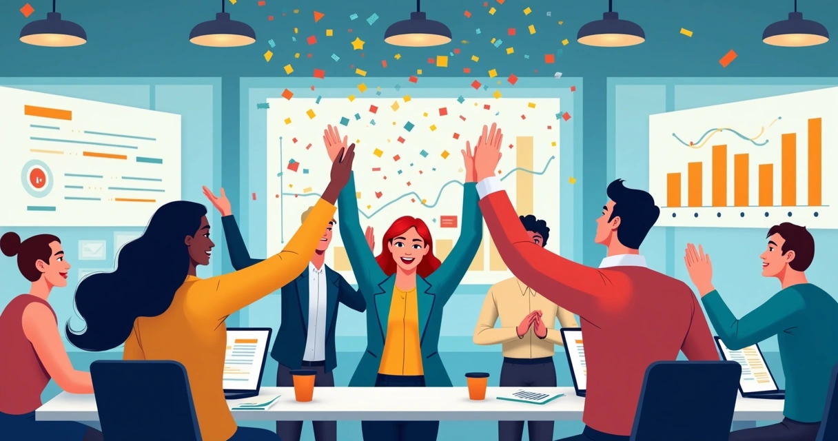 Equipe comemorando conquista de metas de vendas em empresa de atacado