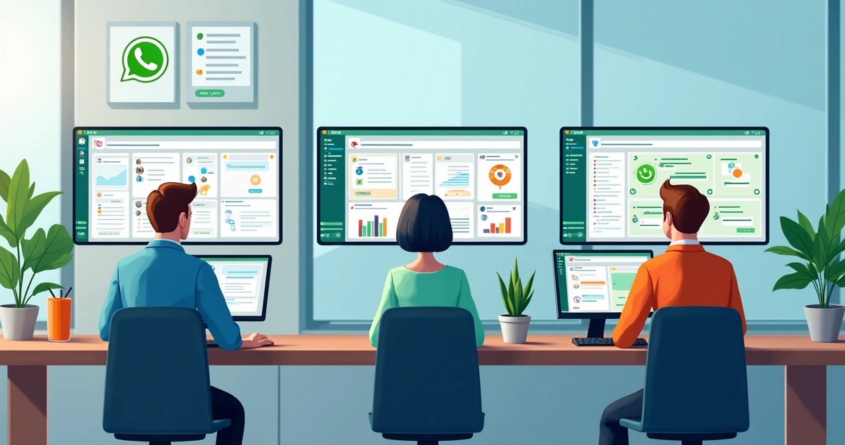Equipe de atendentes gerenciando múltiplos WhatsApps em uma única plataforma 