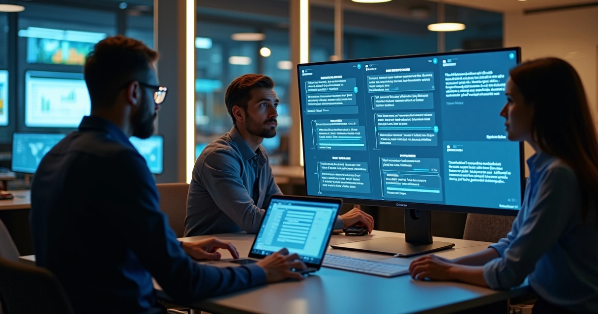 Team analyzing personalized automated messages on computers 