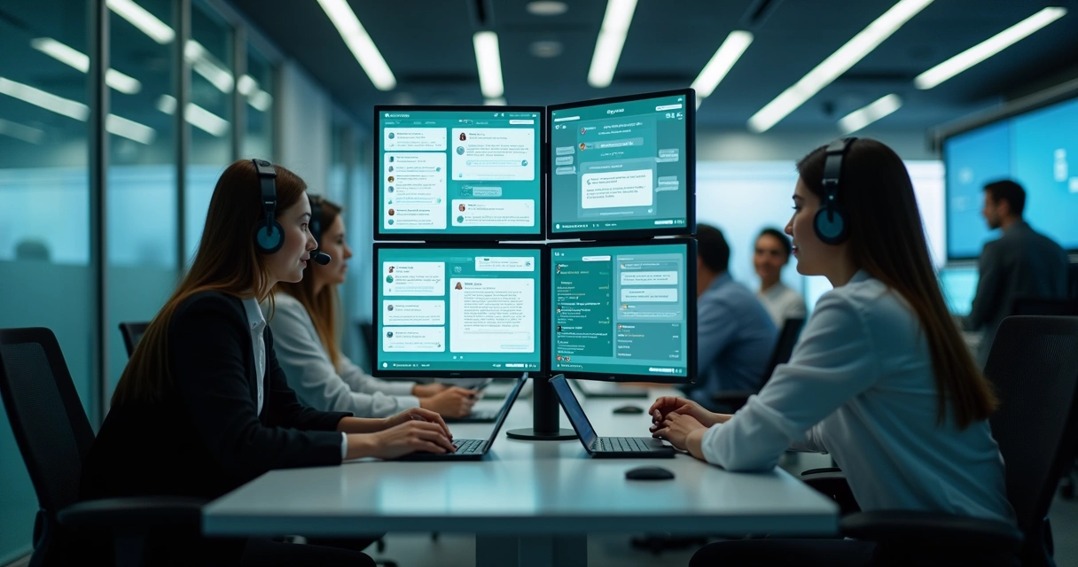 Equipe de atendimento em escritório moderno interagindo com sistemas digitais 