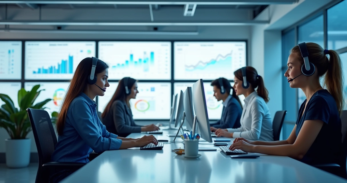 Equipe de atendimento ao cliente analisando dashboard de KPIs