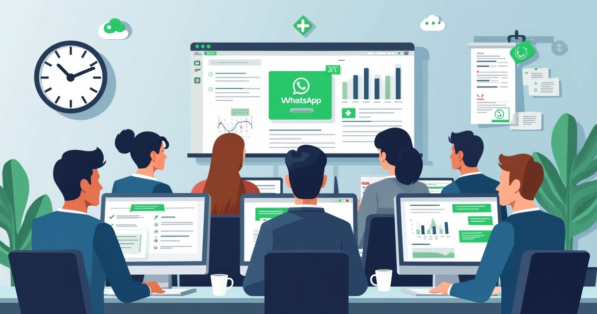 Equipe reunida em frente a computadores com telas exibindo chats e gráficos de atendimento no WhatsApp. 
