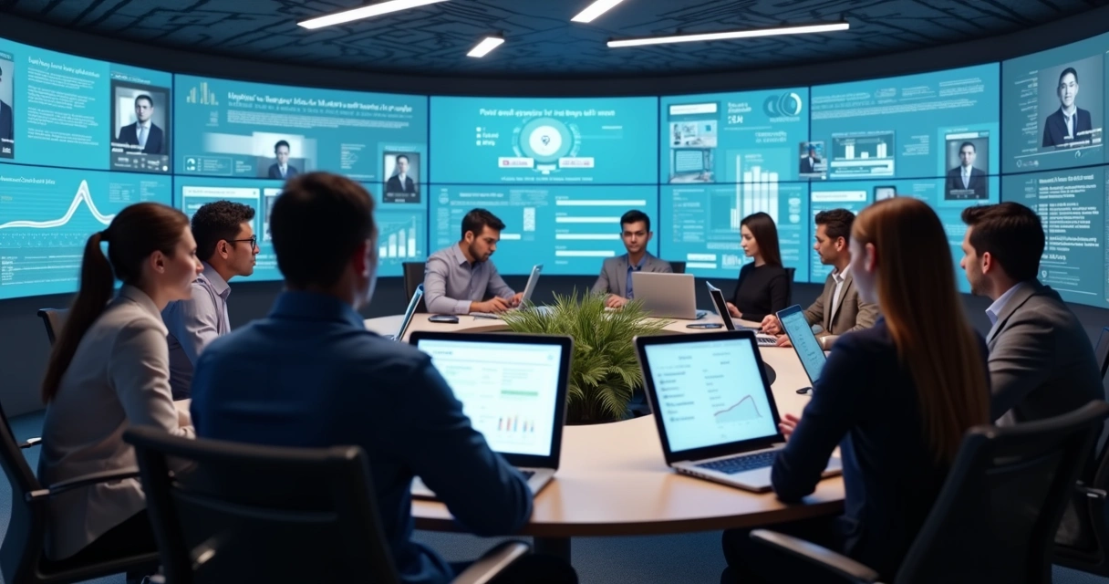 Equipe de atendimento ao cliente em mesa redonda, notebooks abertos, ambiente moderno de call center digital 