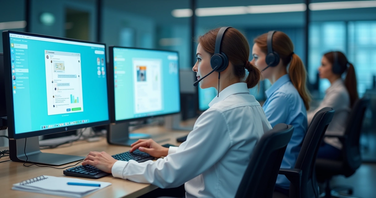 Equipe atendendo clientes em vários canais digitais 