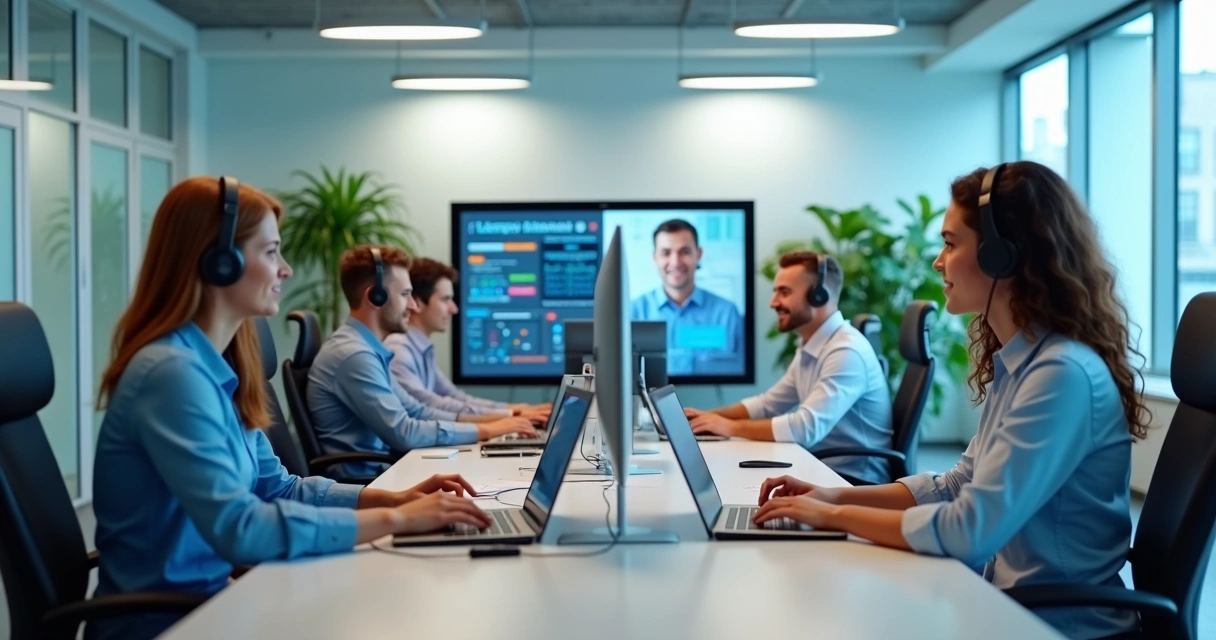 Equipe remota de atendimento usando computadores com painel de controle integrado