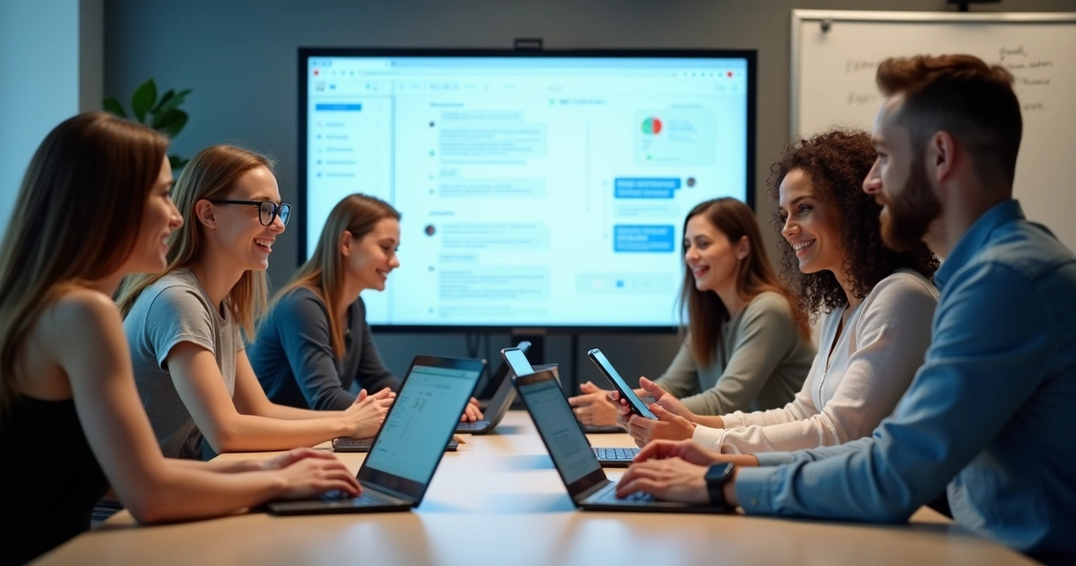 Equipe de atendimento reunida, cada um com celulares e computadores usando plataforma de gestão 