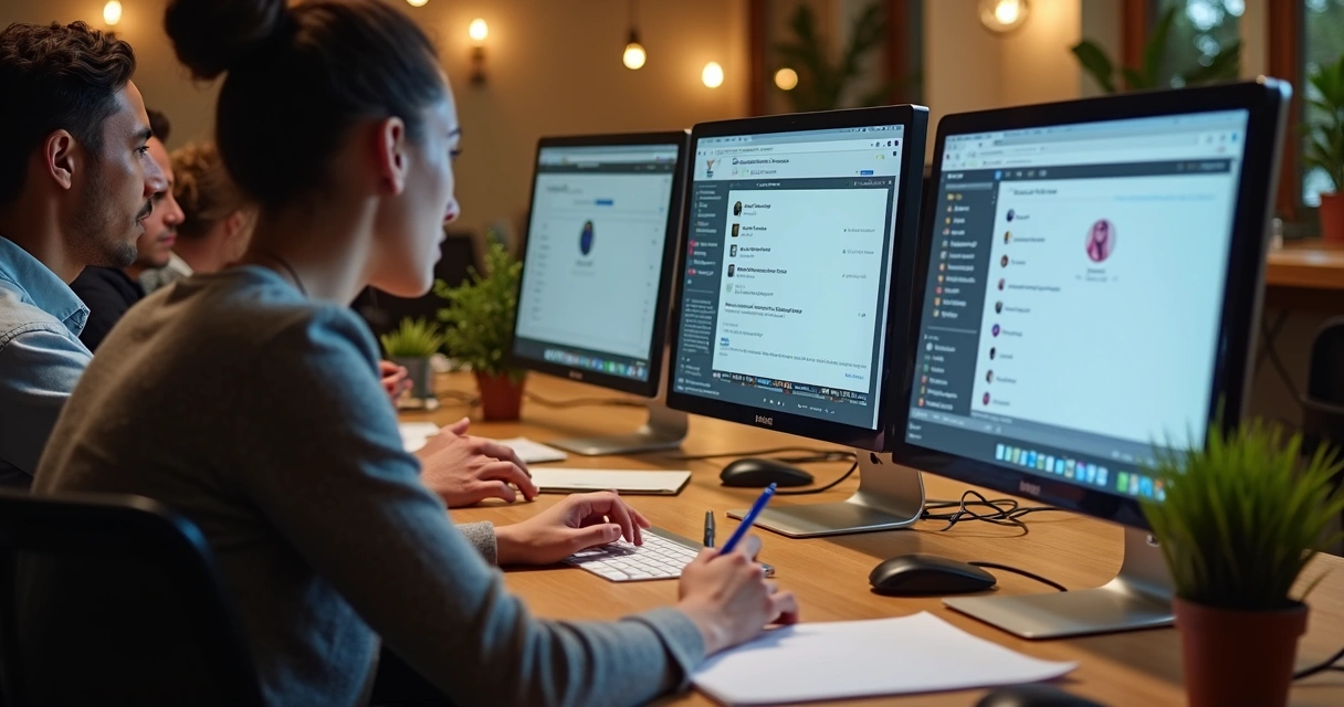 Equipe atendendo clientes usando computadores com telas do Instagram Direct 