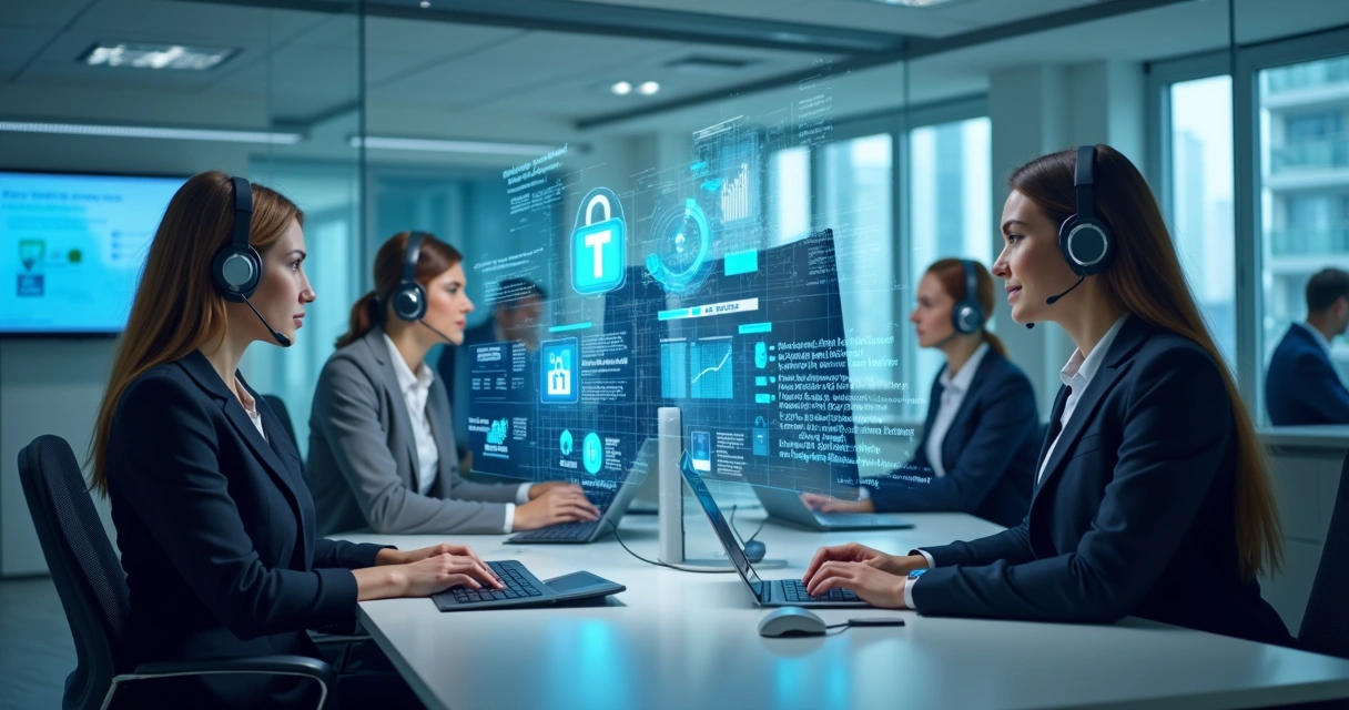 Equipe de atendimento ao cliente utilizando computadores com foco em proteção de dados 