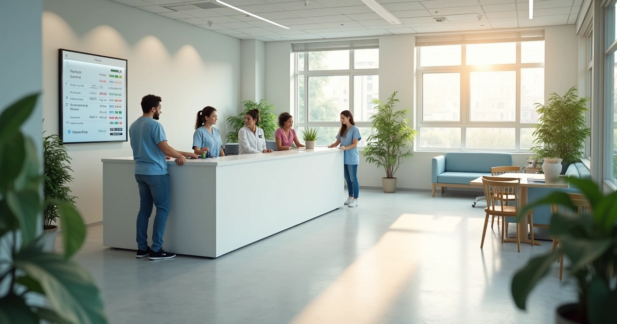 Recepção de clínica odontológica com equipe atendendo pacientes