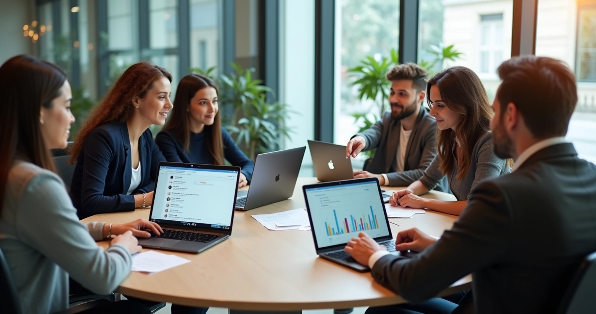 Agentes de atendimento colaborando em mesa redonda digital 