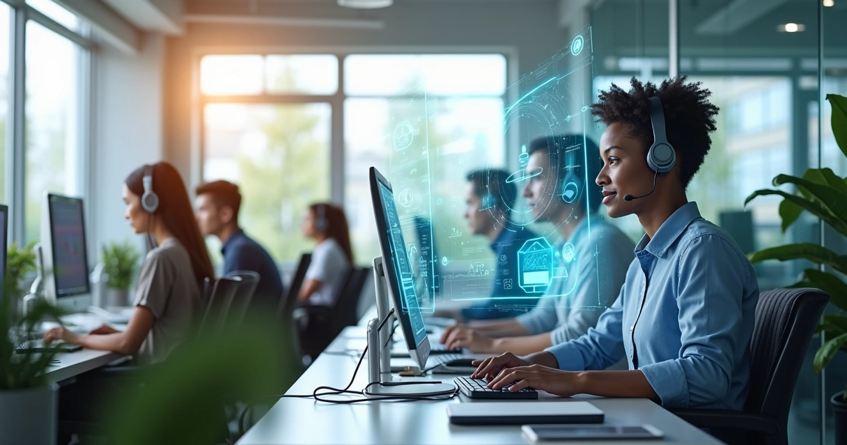Equipe de atendimento ao cliente trabalhando com assistente de IA em tela digital 