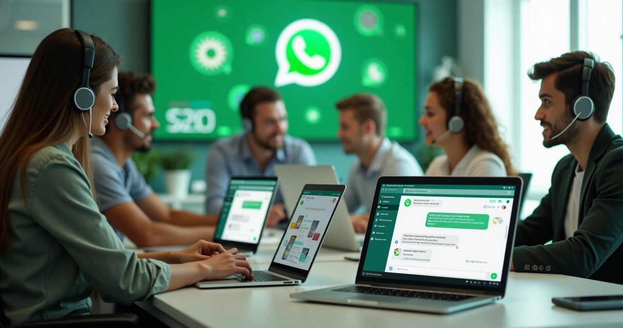 Equipe de atendimento conversando pelo WhatsApp em notebooks modernos 
