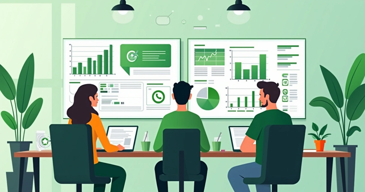 Equipe acompanhando métricas de atendimento em telas