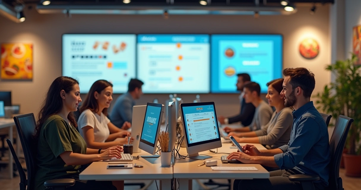 Equipe de atendimento de delivery usando computadores e celulares