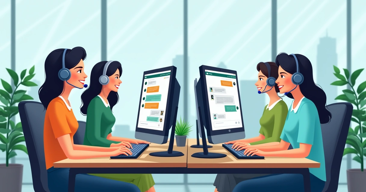 Equipe digitando em notebooks em uma central de atendimento 