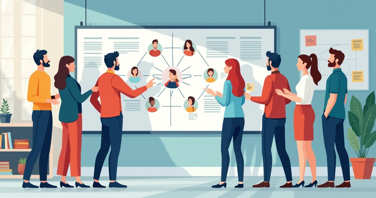 Equipe de atendimento analisando fluxograma visual na parede 