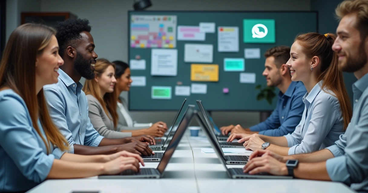 Equipe diversa de atendimento reunida em mesa de reunião digital
