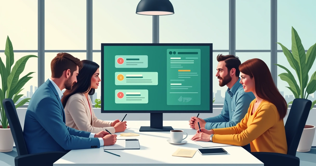 Equipe de atendimento reunida acompanhando chatbot de agendamento 