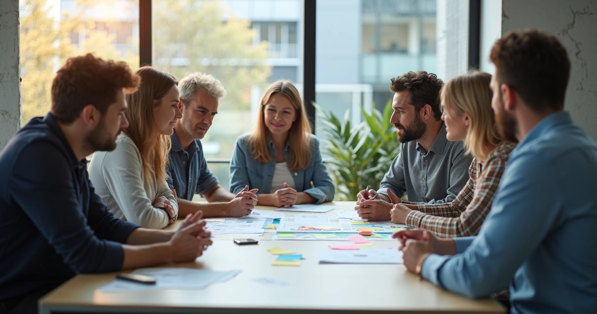 Equipe de atendimento reunida em uma sala de reunião trabalhando em conjunto 