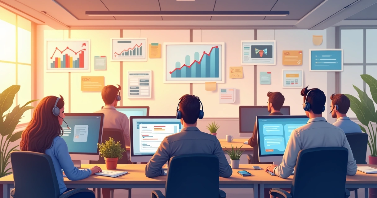 Equipe de atendimento em uma sala usando computadores para gerenciar múltiplos chats