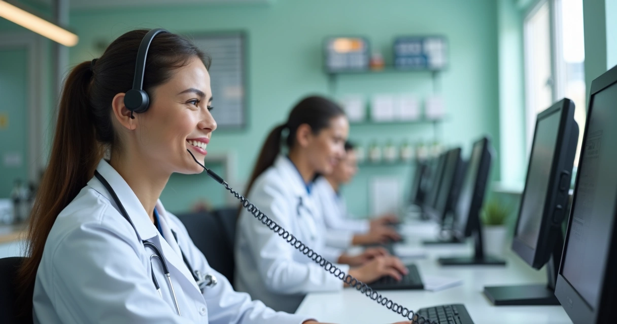 Equipe de atendimento de farmácia conversando com cliente ao telefone 