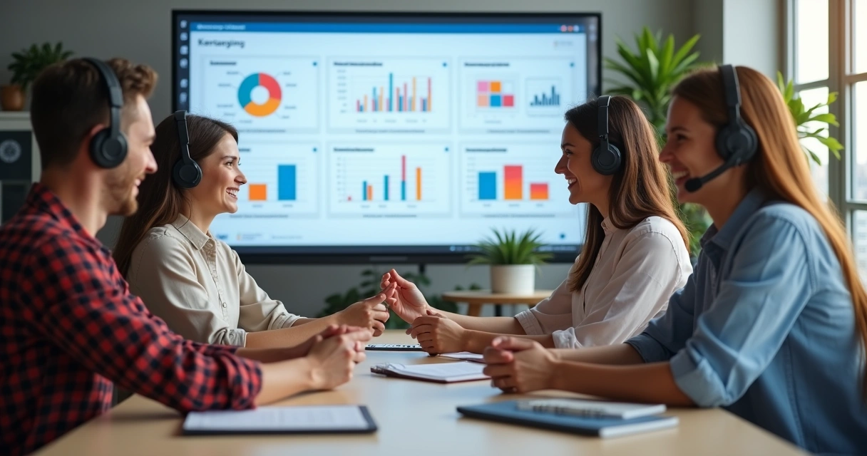 Equipe de atendimento ao cliente unida diante de uma tela com gráficos 