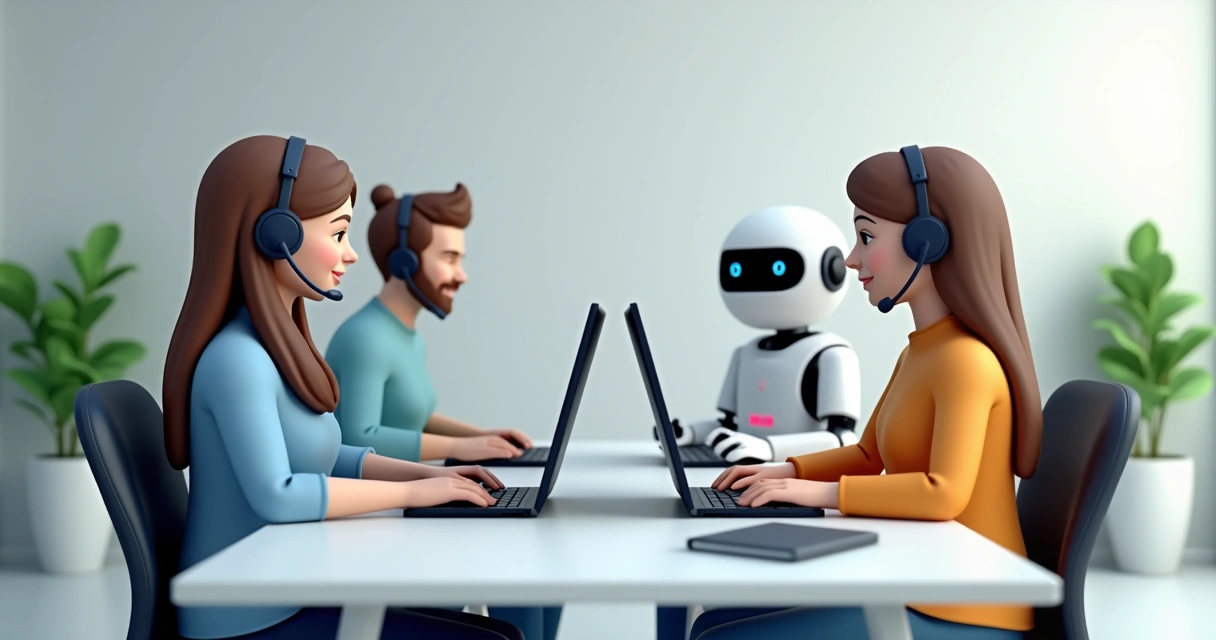 Equipe de atendimento mistura pessoas e robô digital trabalhando juntos 