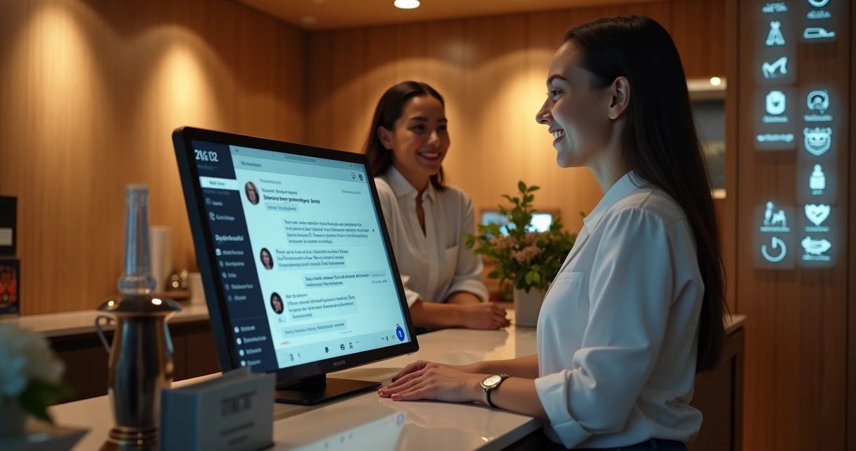 Equipe humana e IA trabalhando juntas no atendimento de um hotel 