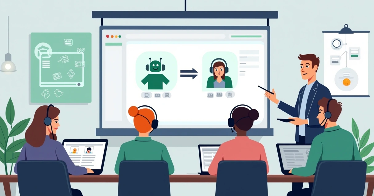 Equipe de atendimento reunida em treinamento para atendimento híbrido no WhatsApp 