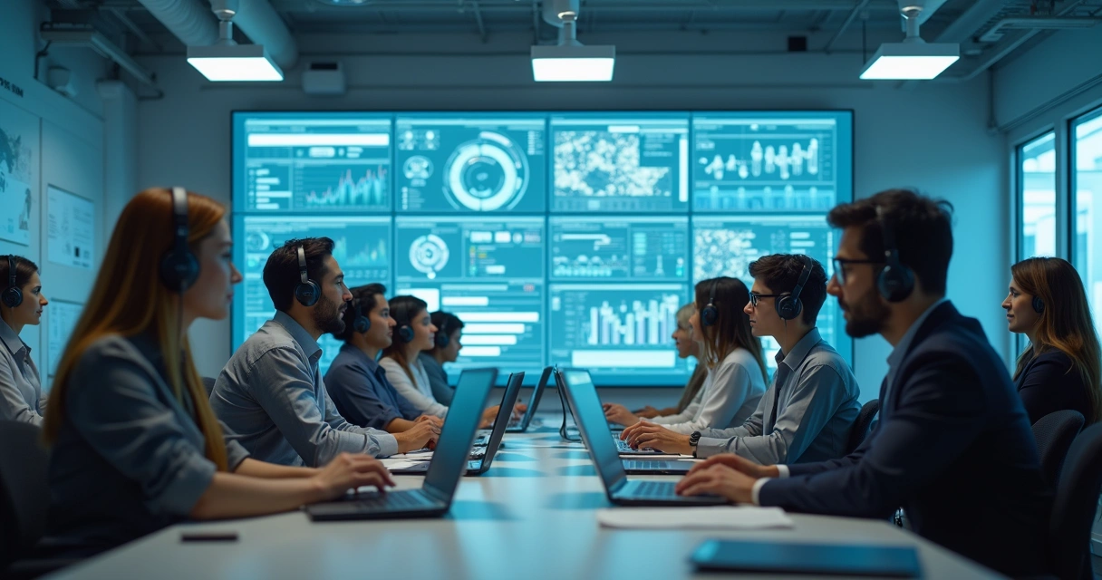 Equipe de atendimento humano e IA trabalhando juntos