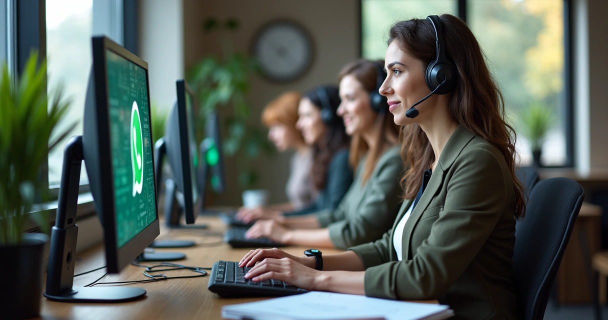Equipe de atendimento ao lado de assistente virtual IA