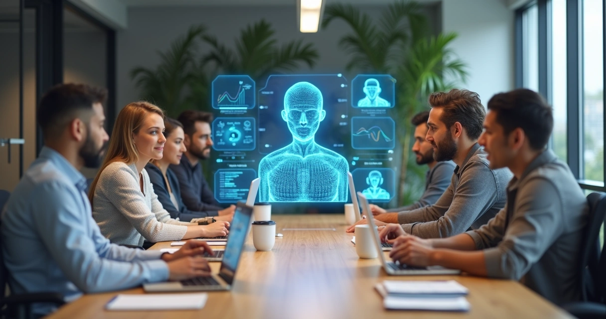 Equipe de atendimento B2B e assistente virtual juntos em escritório
