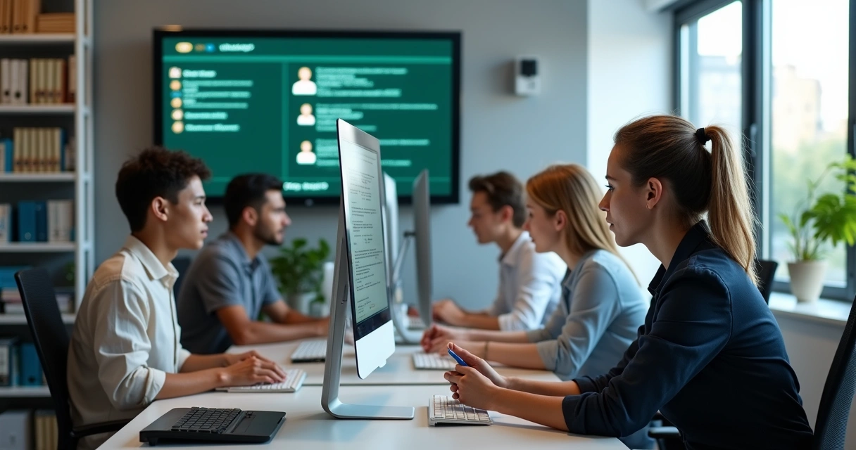 Equipe de atendimento organizando filas de mensagens pelo computador 