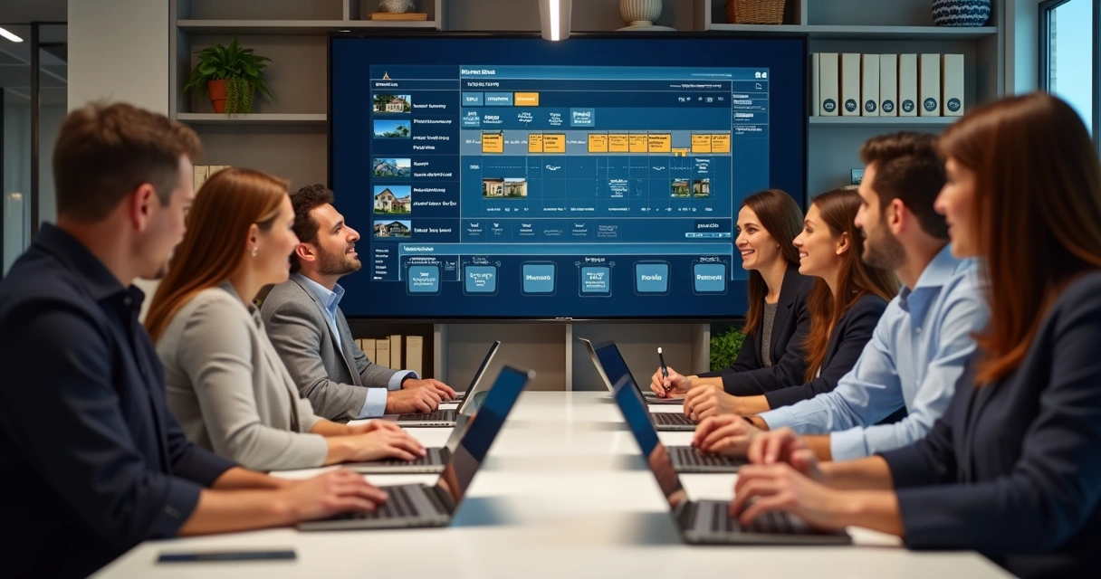 Equipe em uma imobiliária analisando registros de atendimento. 