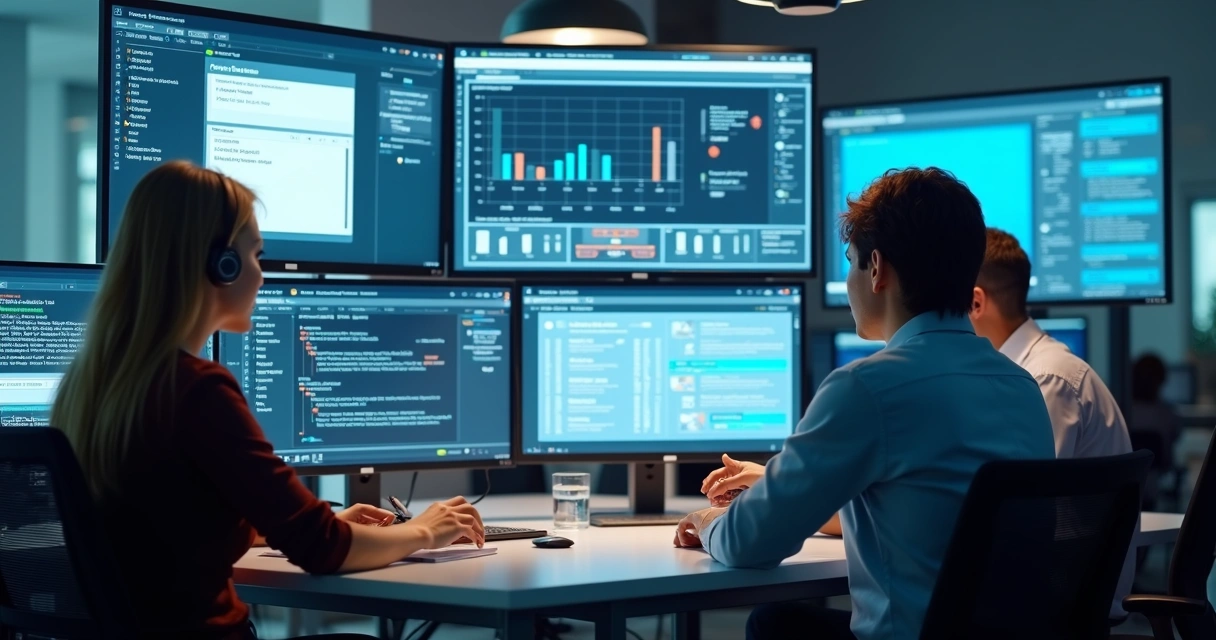 Equipe de atendimento analisando dados em telas digitais 