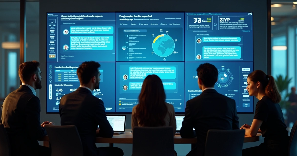Equipe interagindo com leads em telas digitais de atendimentos