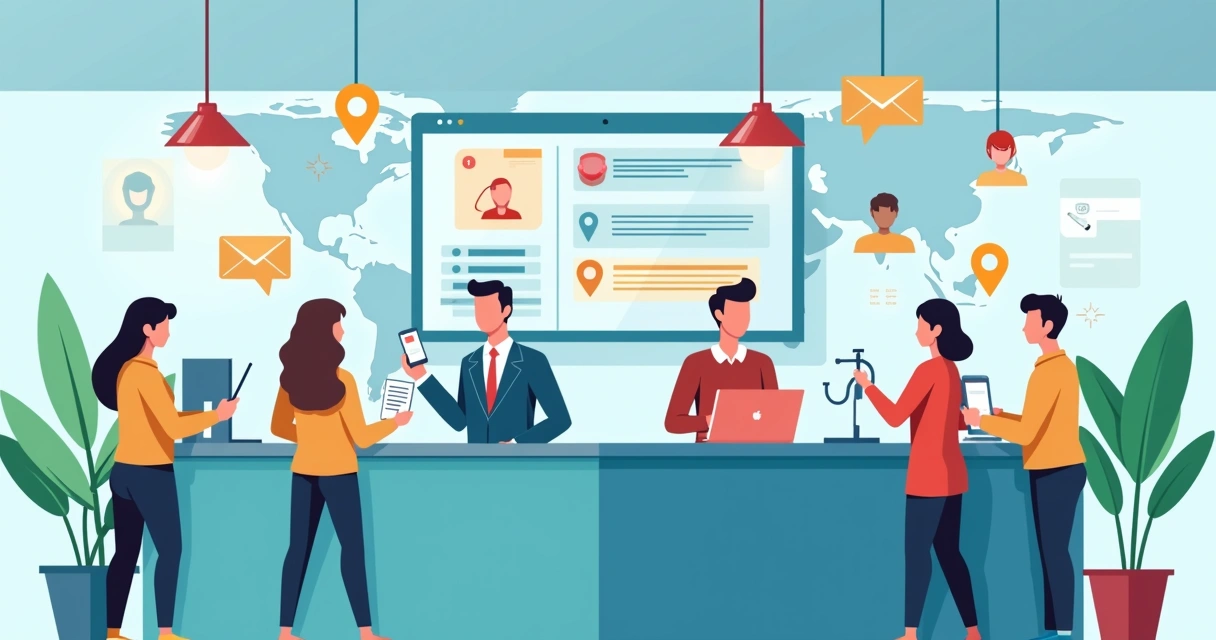 Equipe diversificada em balcão atendendo clientes em diversos canais