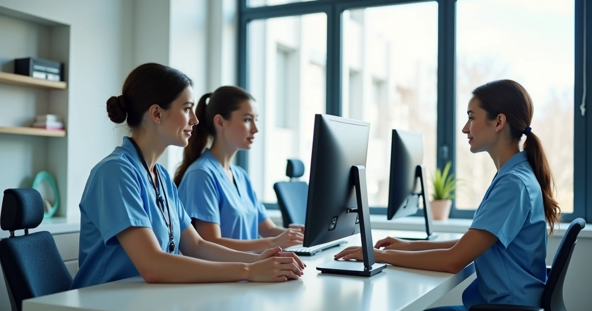 Equipe de pré-atendimento de clínica odontológica em reunião 