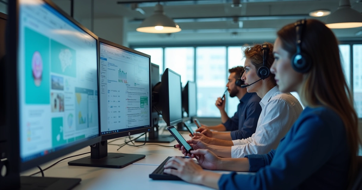 Equipe colaborando em uma central de atendimento omnichannel 