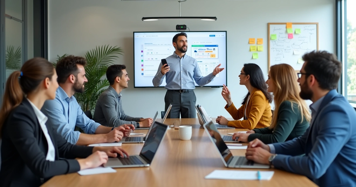 Equipe em treinamento com computadores e smartphones na mesa 