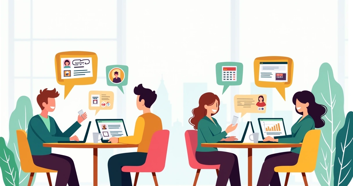 Equipe de atendimento organizando informações em computadores 