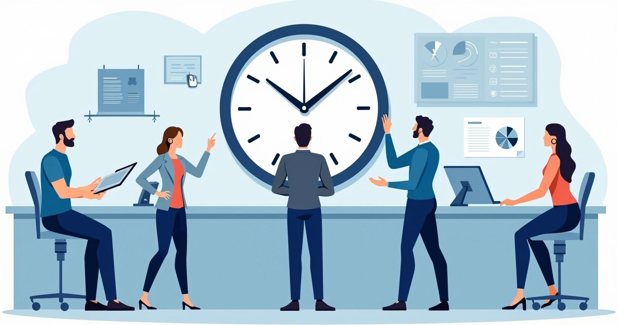 Equipe de assistência analisando relógio grande para tempo de atendimento