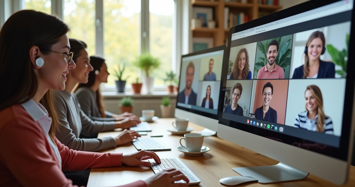 Equipe remota de atendimento online reunida em uma videoconferência 