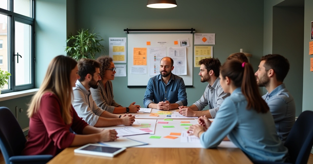 Equipe reunida à mesa discutindo técnicas de atendimento 