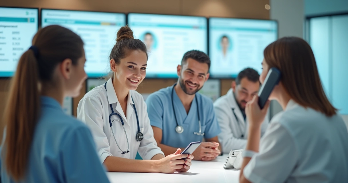 Equipe de recepção de clínica sorrindo, telefone ao ouvido, ambiente alegre e profissional