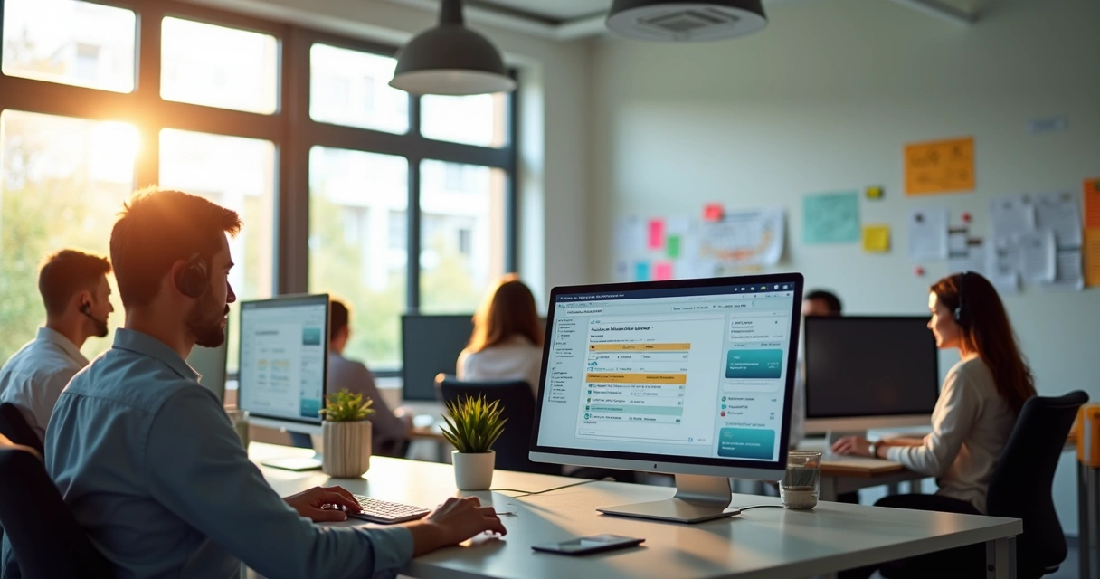 Equipe de atendimento usando computador com sistema de gestão de chamados 